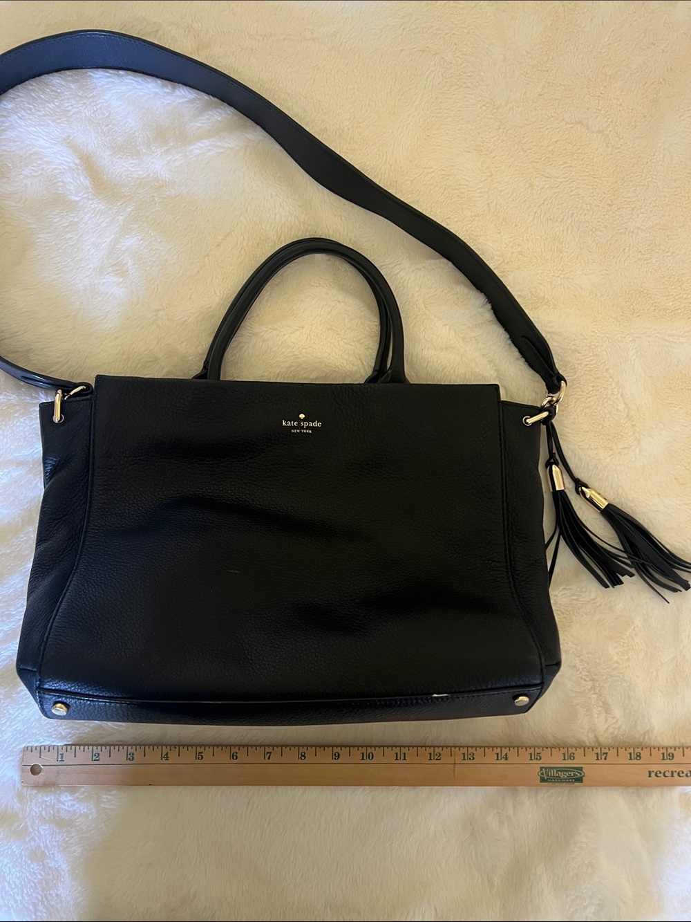 kate spade Black Pebbled Leather Shoulder Tote with Tassel